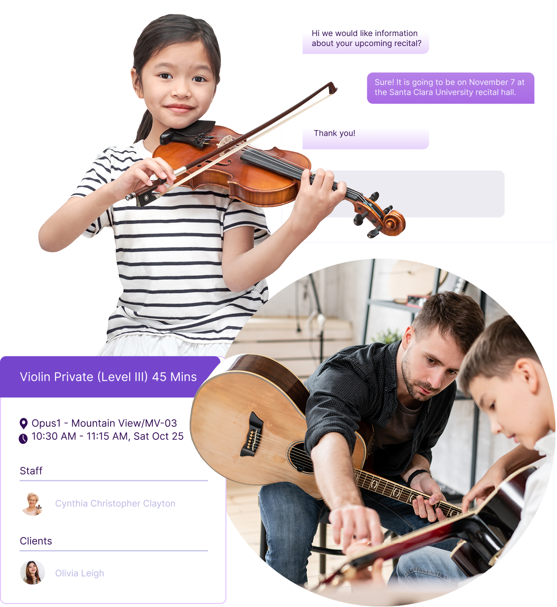 Composite image showing various parts of the Opus1 product and images of a student with violin and a guitar student and music teacher
