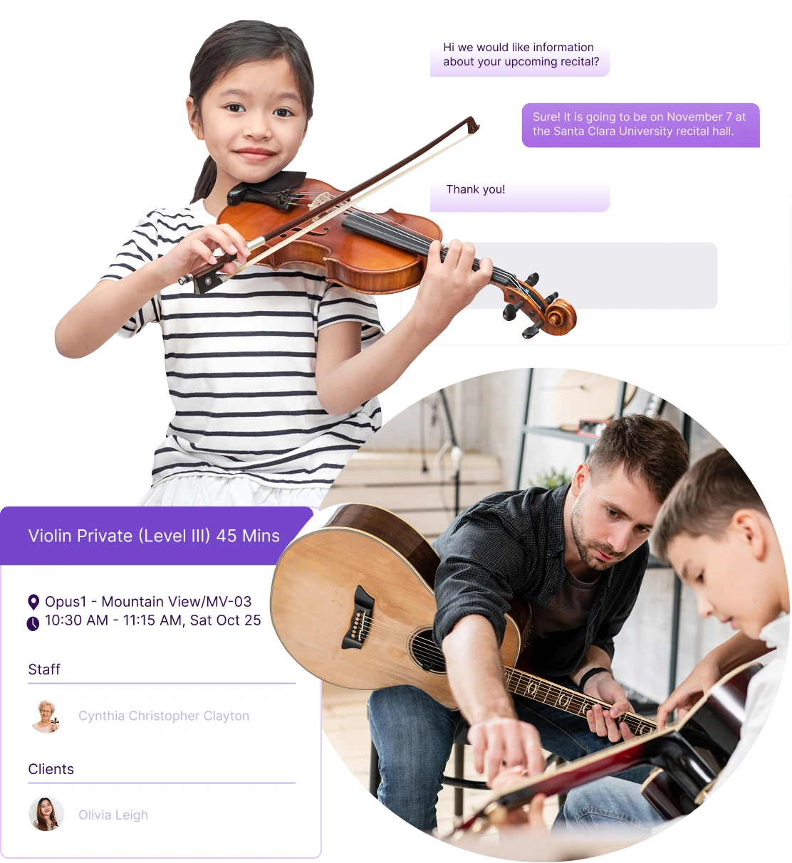 Composite image showing various parts of the Opus1 product and images of a student with violin and a guitar student and music teacher