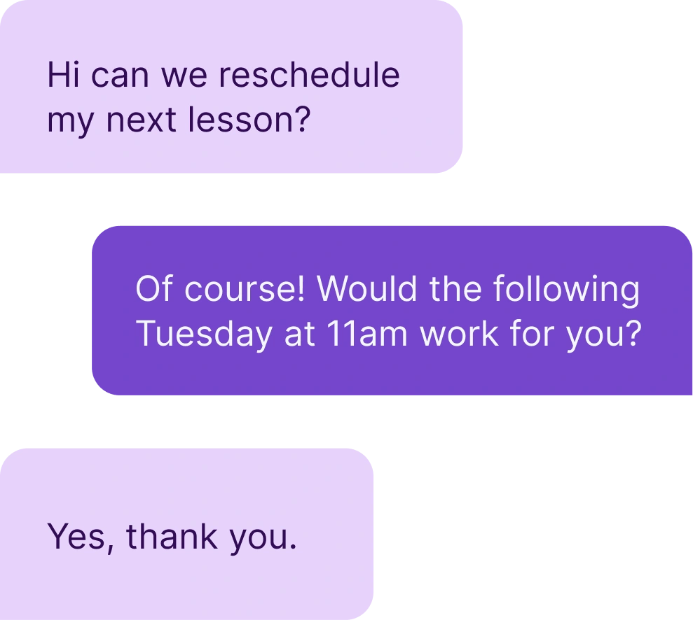 Text message conversation between music teacher and student rescheduling lesson