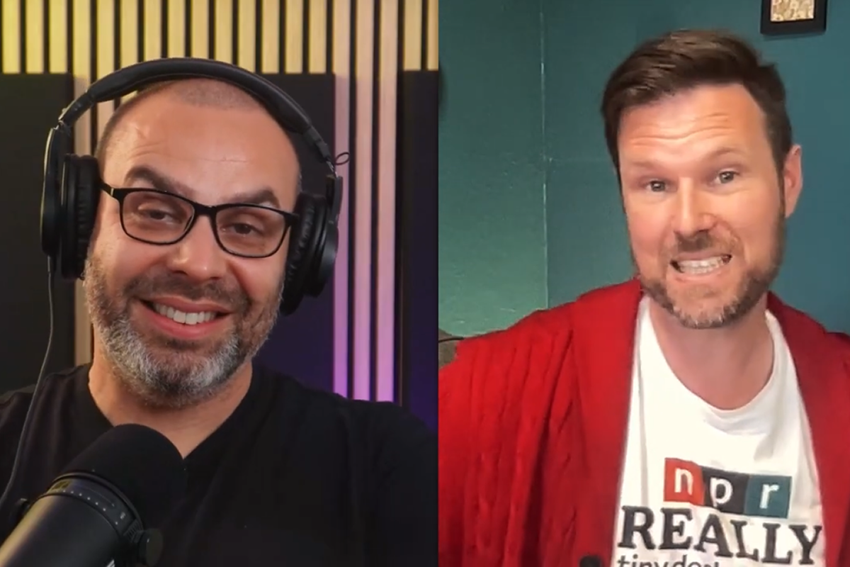 host David Martin talks with Michael Hemsworth, founder of New Song School of Music in podcast splitscreen