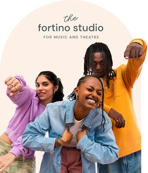 Dance students striking a pose and pointing at the camera, logo for the fortino studio above