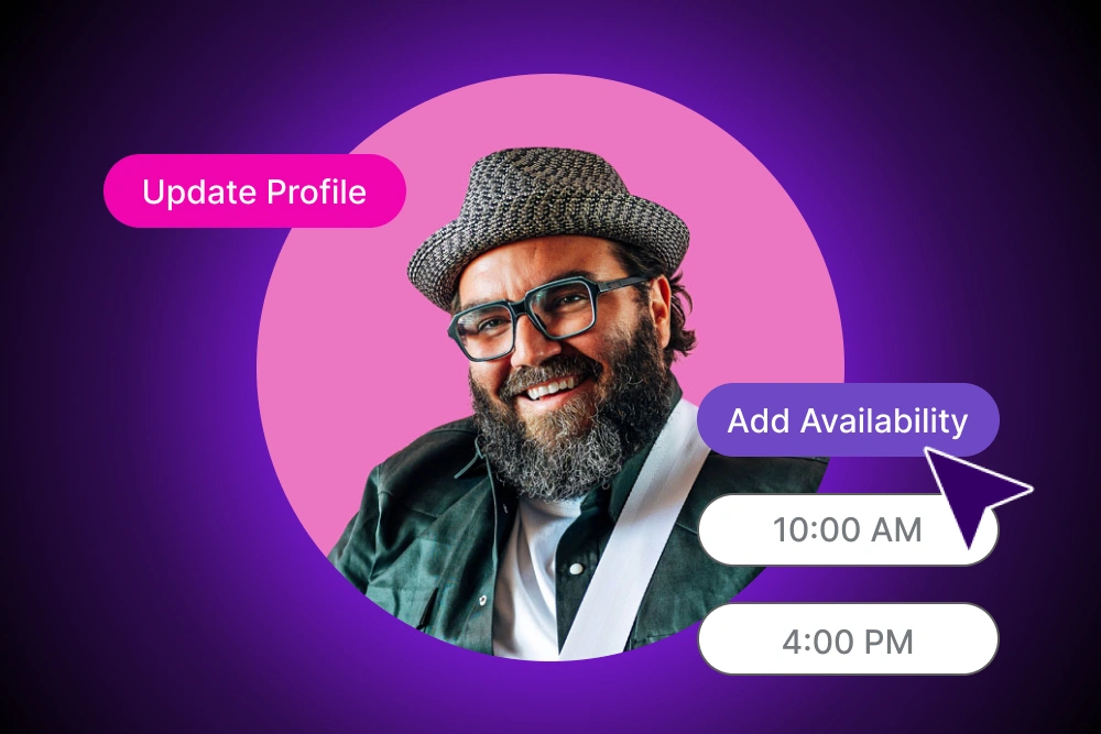 Instructor Availability Controls 2 Teacher headshot with various stylized booking components around the circle