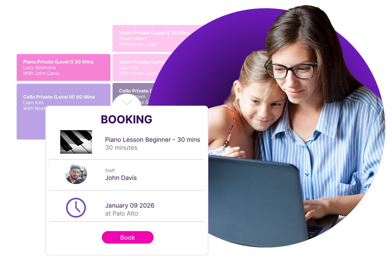 Various booking elements from Opus1 product, combined with a photo of woman and daughter looking at a laptop