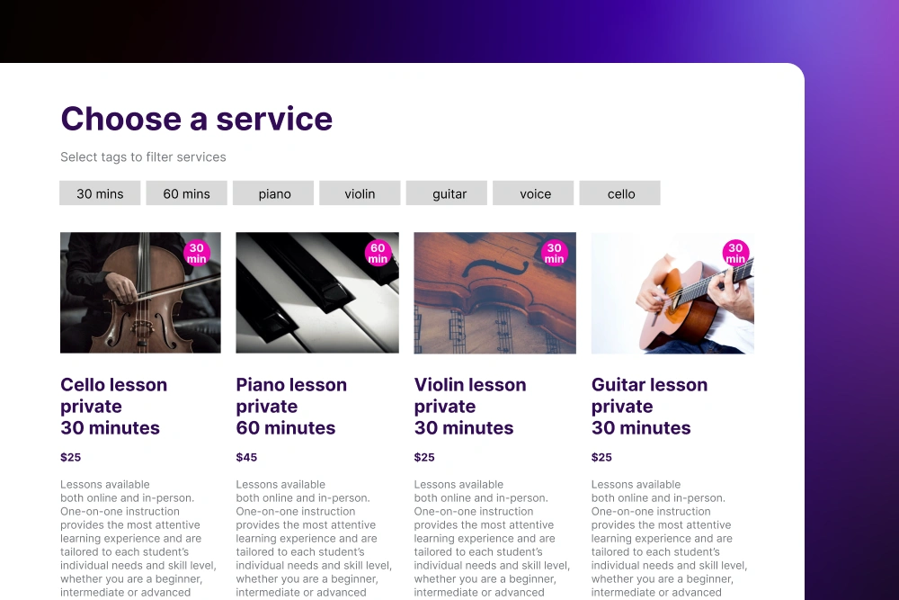 Smart Self-Booking for Lessons and Makeups Mockup of Opus1 booking page for music lessons