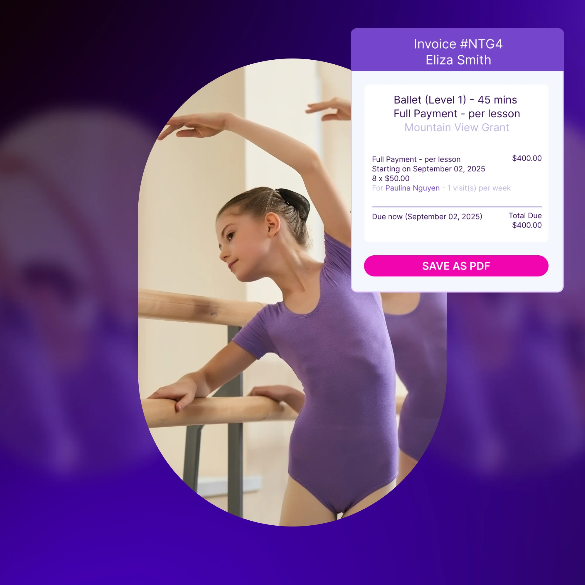 Ballerina at the bar in purple leotard