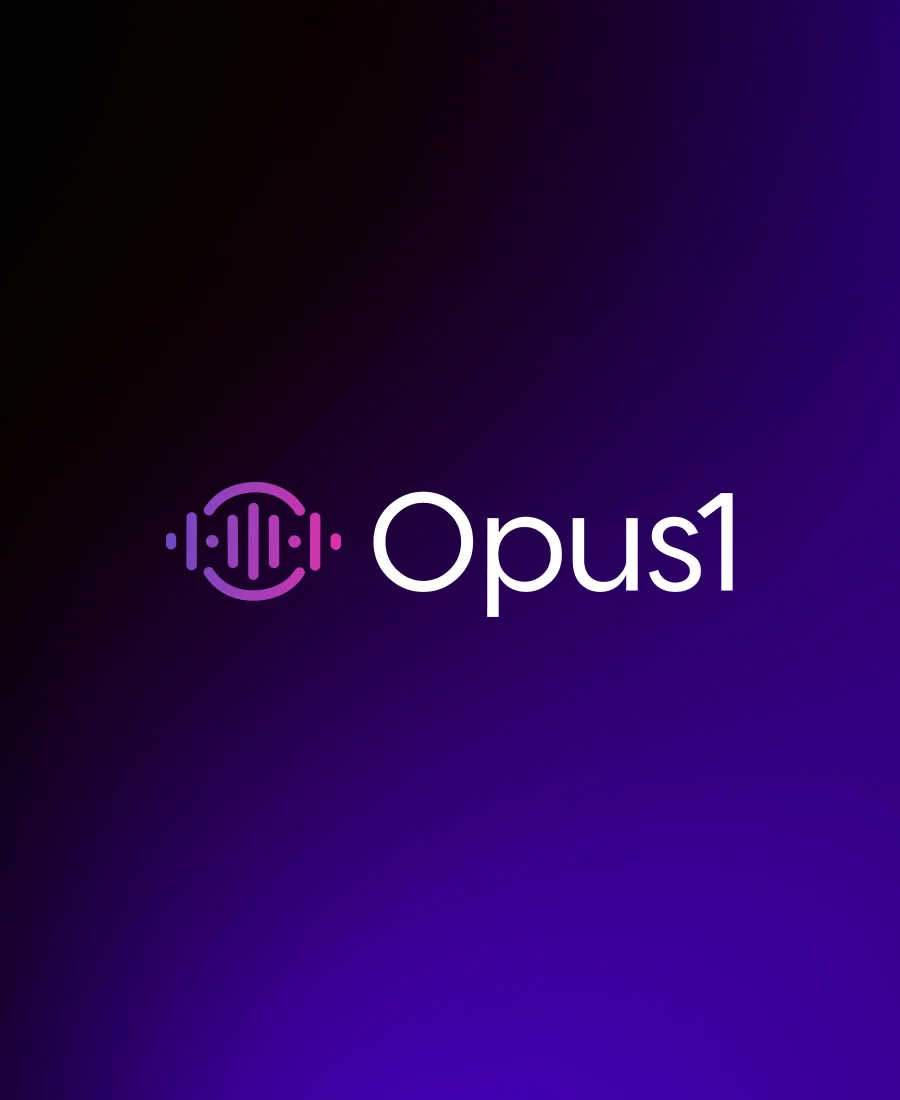 Opus1 logo on dark purple and black gradient background