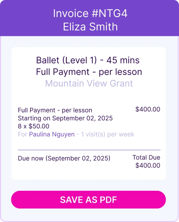 PRIVATE VIOLIN LEVEL 6 Ballet lesson invoice product screenshot