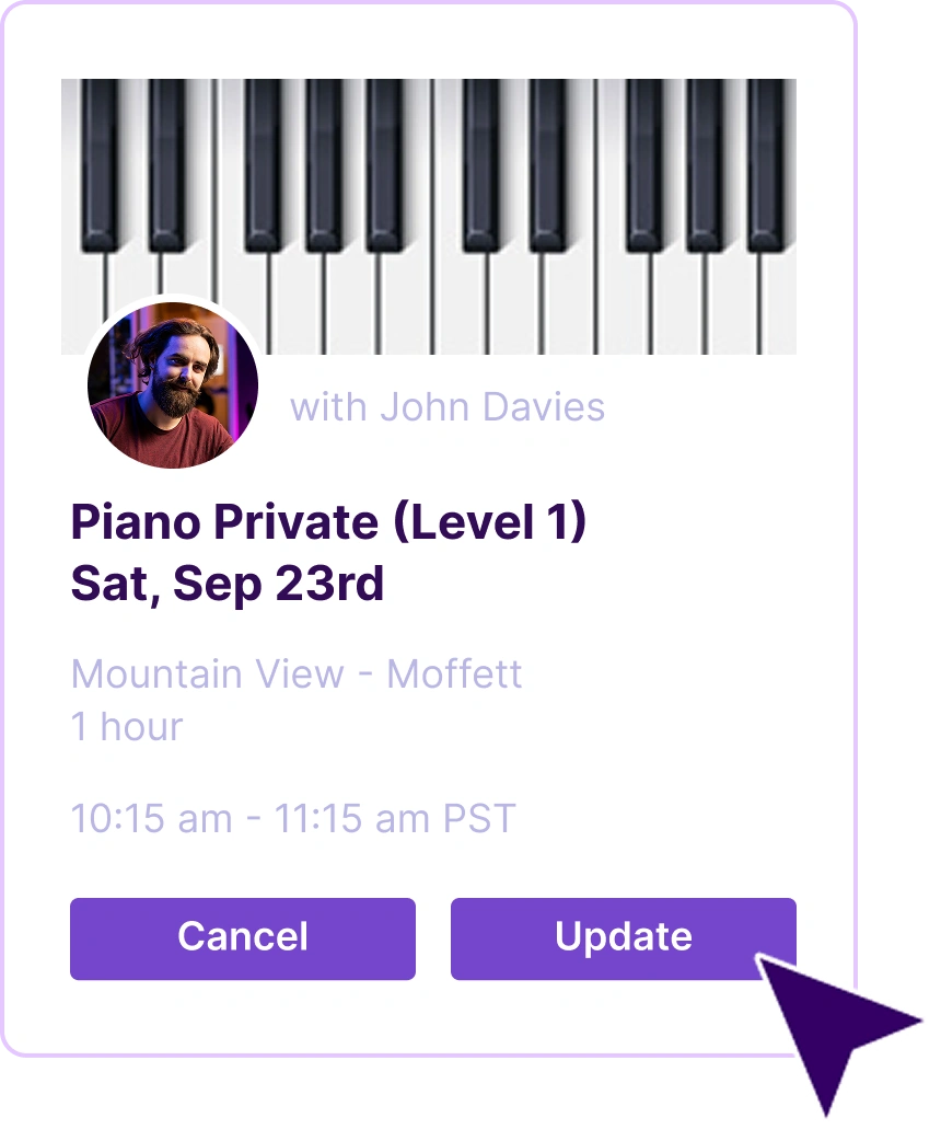 Lesson card showing details of piano lesson