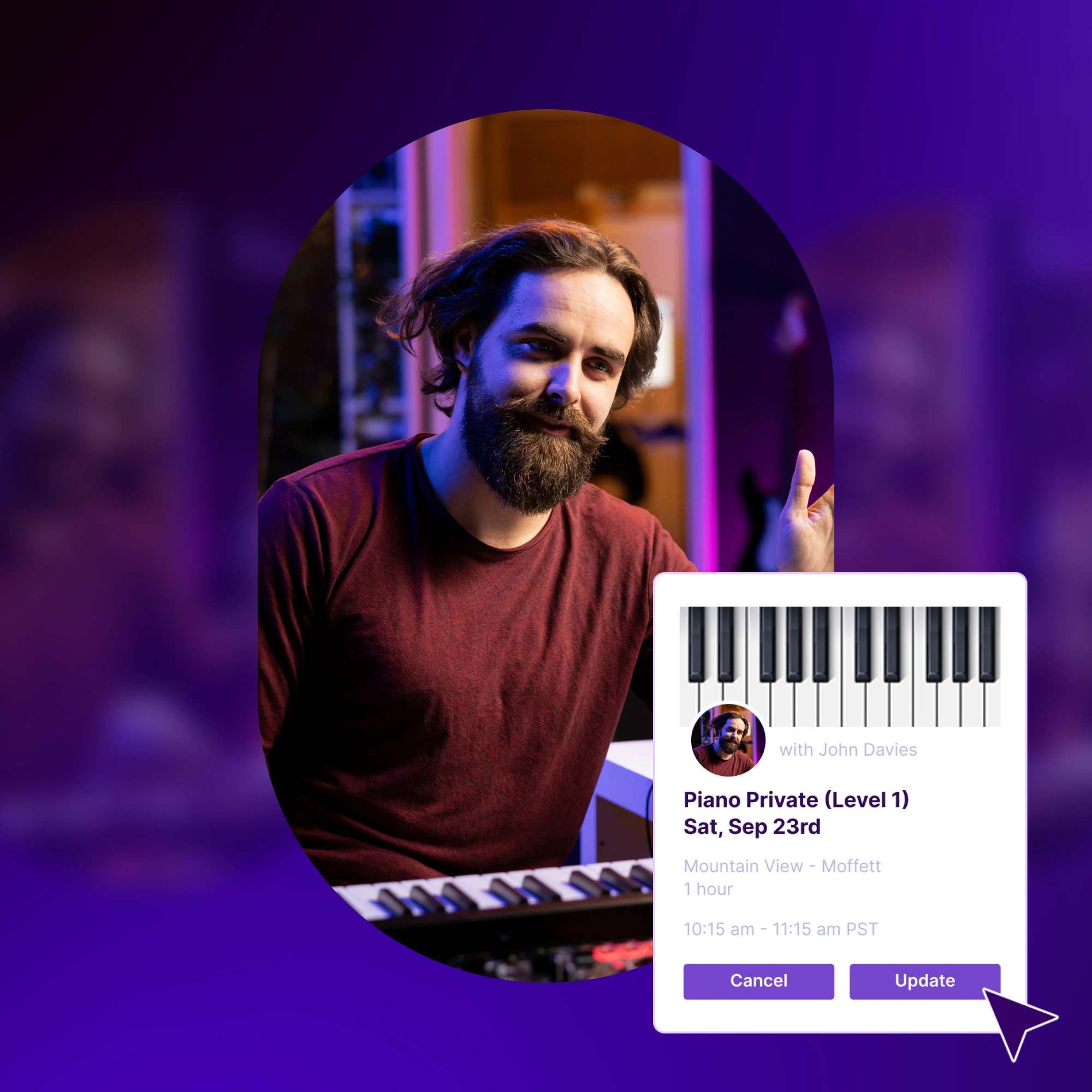 Music Class Image 1 – Performing Arts LP Piano teacher in lit studio in front of keyboard talking to camera