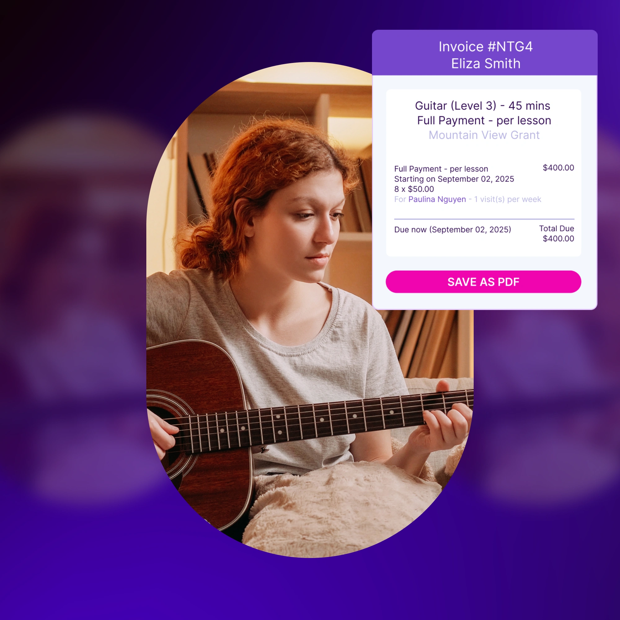 Music Class Image 2 – Performing Arts LP Young woman sitting in cozy room practicing acoustic guitar