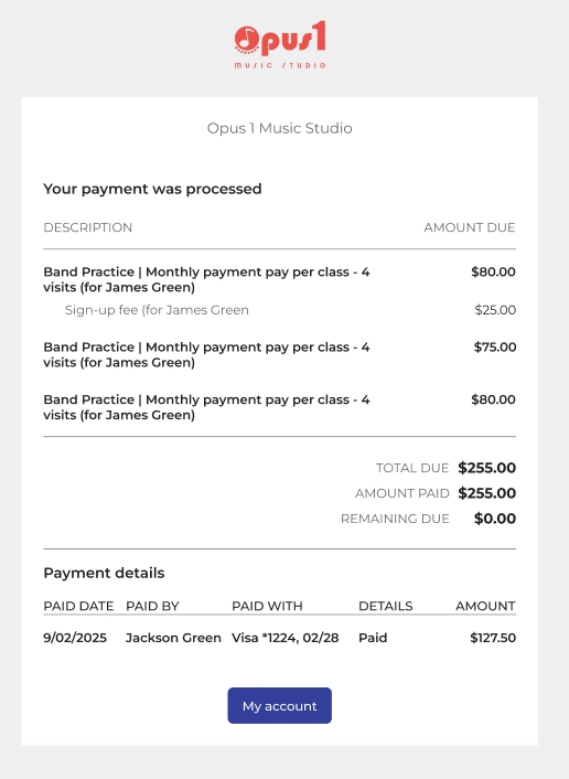 Example of Combined Transactions and Receipts on Opus1 Payments