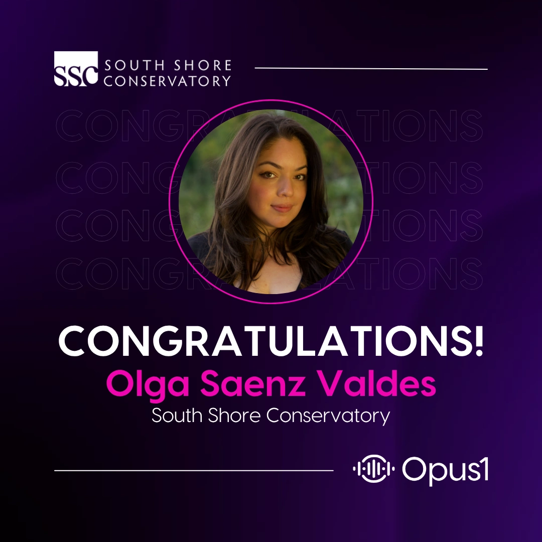 2740775_TeacherAppreciationWeekcelebrationposts_2_042826 Congratulations graphic featuring a circular headshot of Olga Saenz Valdes, a teacher at South Shore Conservatory, against a dark purple background with "CONGRATULATIONS" repeated in large faded text. Bold white text reads "CONGRATULATIONS!" with her name in pink below, followed by "South Shore Conservatory" in white. The South Shore Conservatory (SSC) logo appears in the upper left and the Opus1 logo in the lower right.