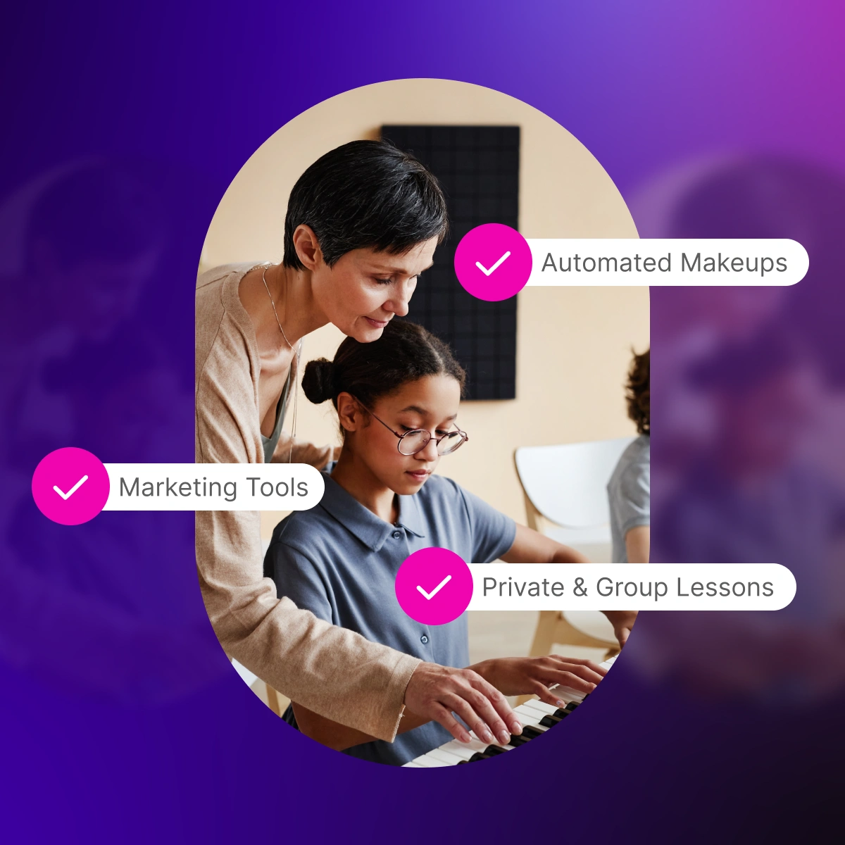 Piano teacher guiding student with automated makeups, marketing tools, and private lessons - Opus1: Everything You Need to Run Your School in One Place