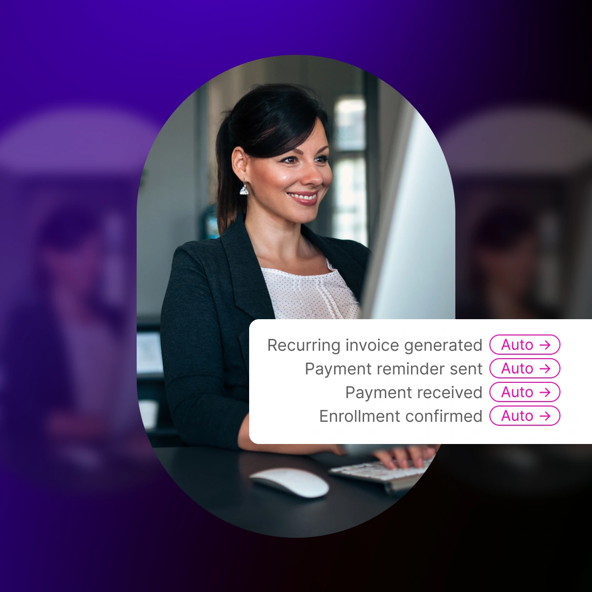 Smiling woman using automated payment software in office - Opus1: Everything You Need to Run Your School in One Place