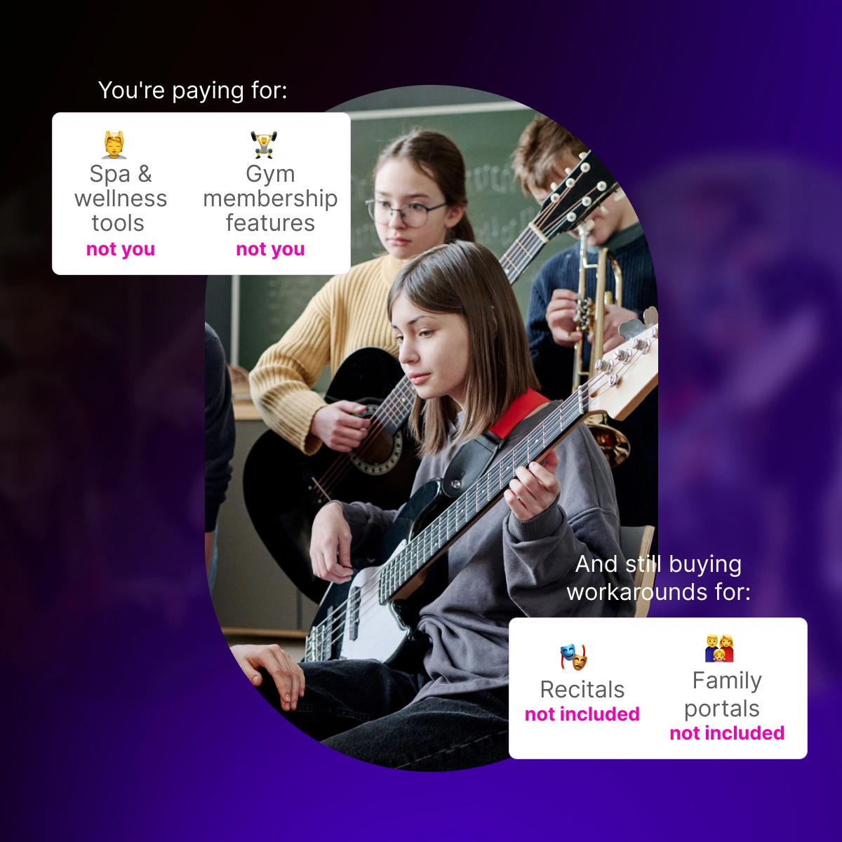 Mindbody Services and Workaround Issues – Opus1: Everything You Need to Run Your School in One Place Mindbody image highlighting spa, gym payments, and workarounds for music recitals and family portals - Opus1: Everything You Need to Run Your School in One Place