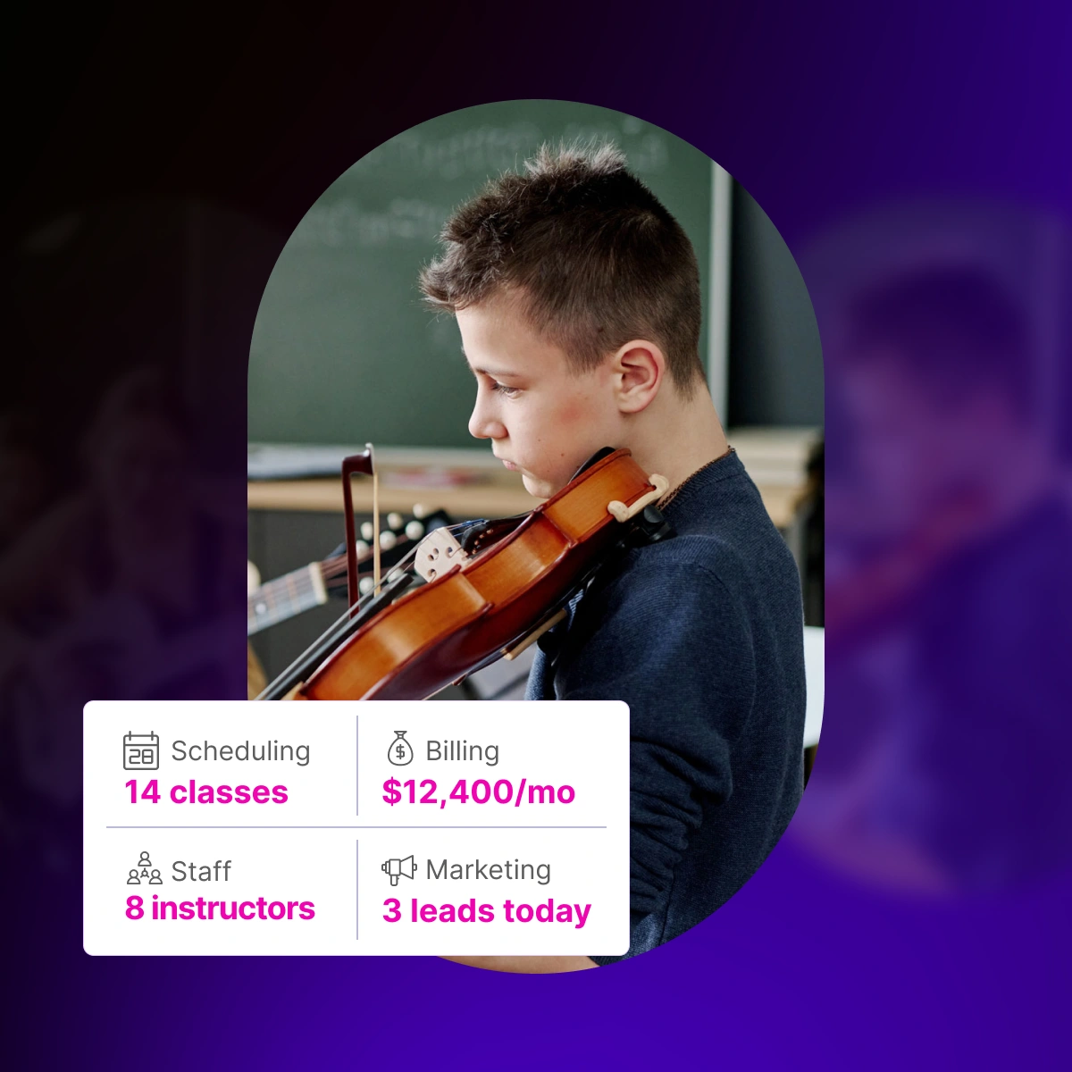 Boy playing violin with Pike13 scheduling, billing, staff, and marketing details displayed - Opus1: Everything You Need to Run Your School in One Place