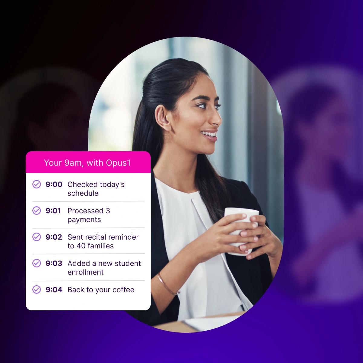 Businesswoman using Opus1 software for daily scheduling and management - Opus1: Everything You Need to Run Your School in One Place