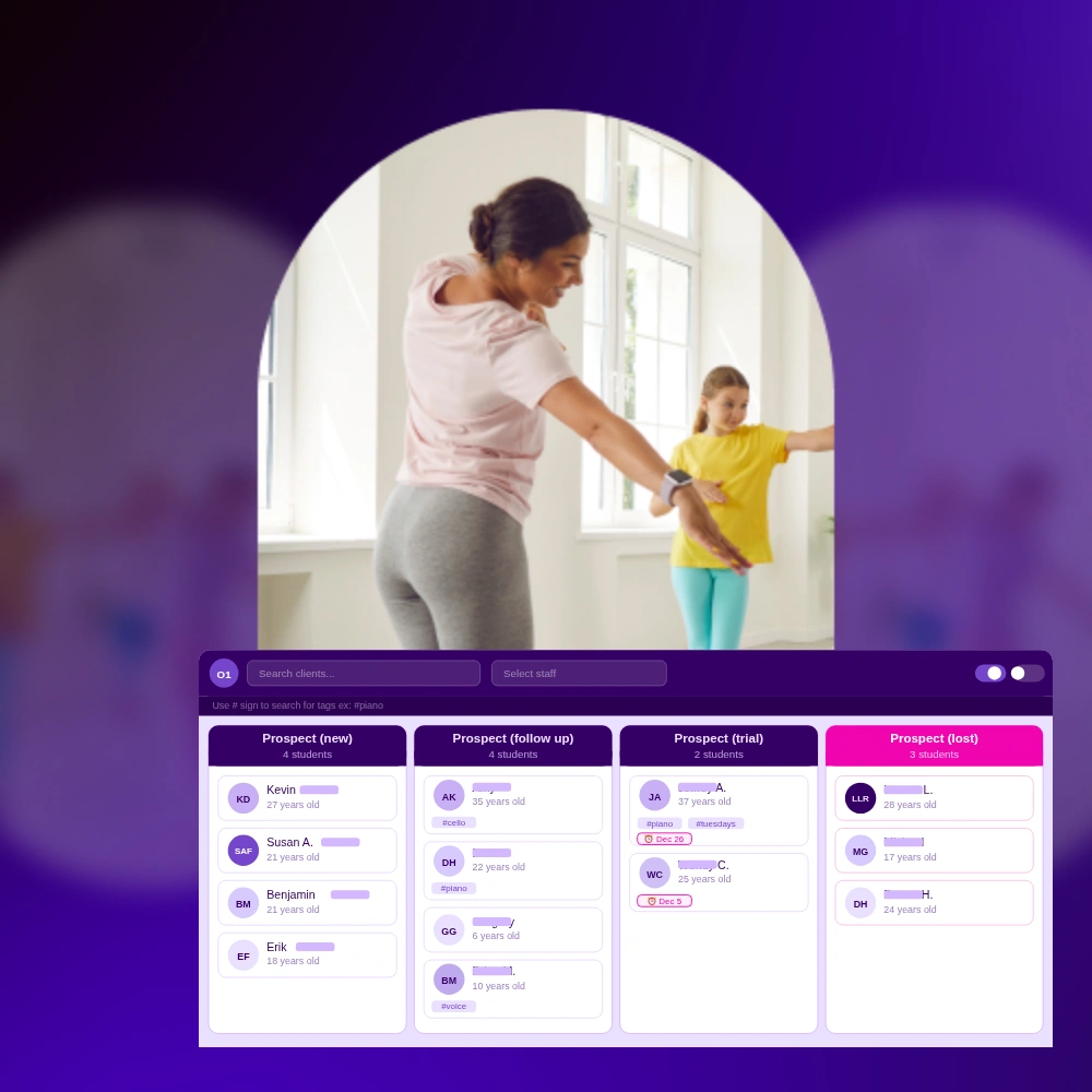 teacher showing a dance move to a student with a stylized product image of the lead funnel