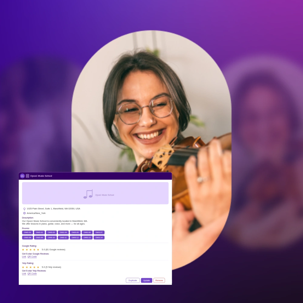 Woman playing a violin with a stylized product image of the review management system in Opus1.