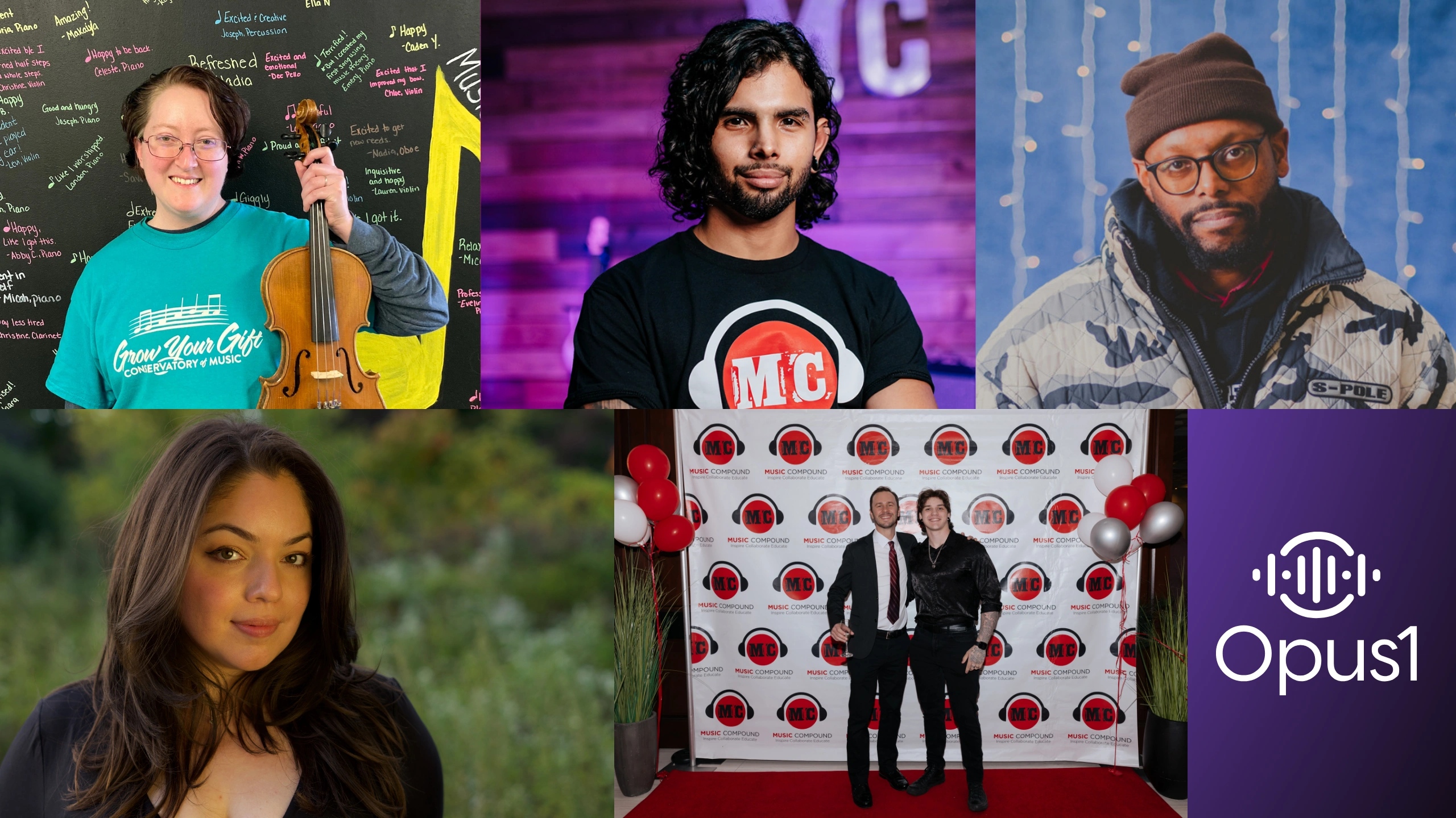 A collage of five music educator photos and the Opus1 logo.