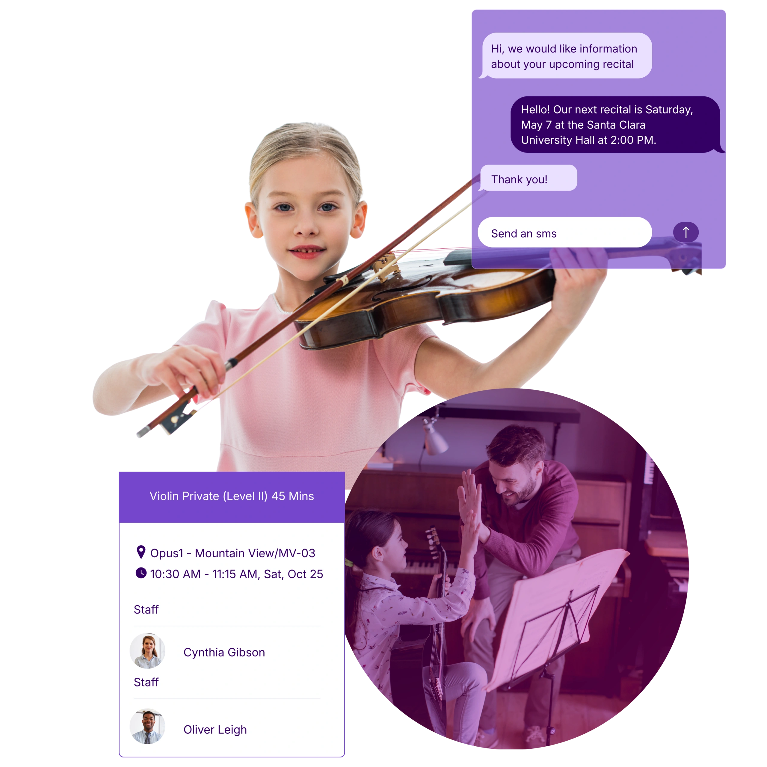 Young girl playing violin with My Music Staff lesson and recital details overlay - Opus1: Everything You Need to Run Your School in One Place
