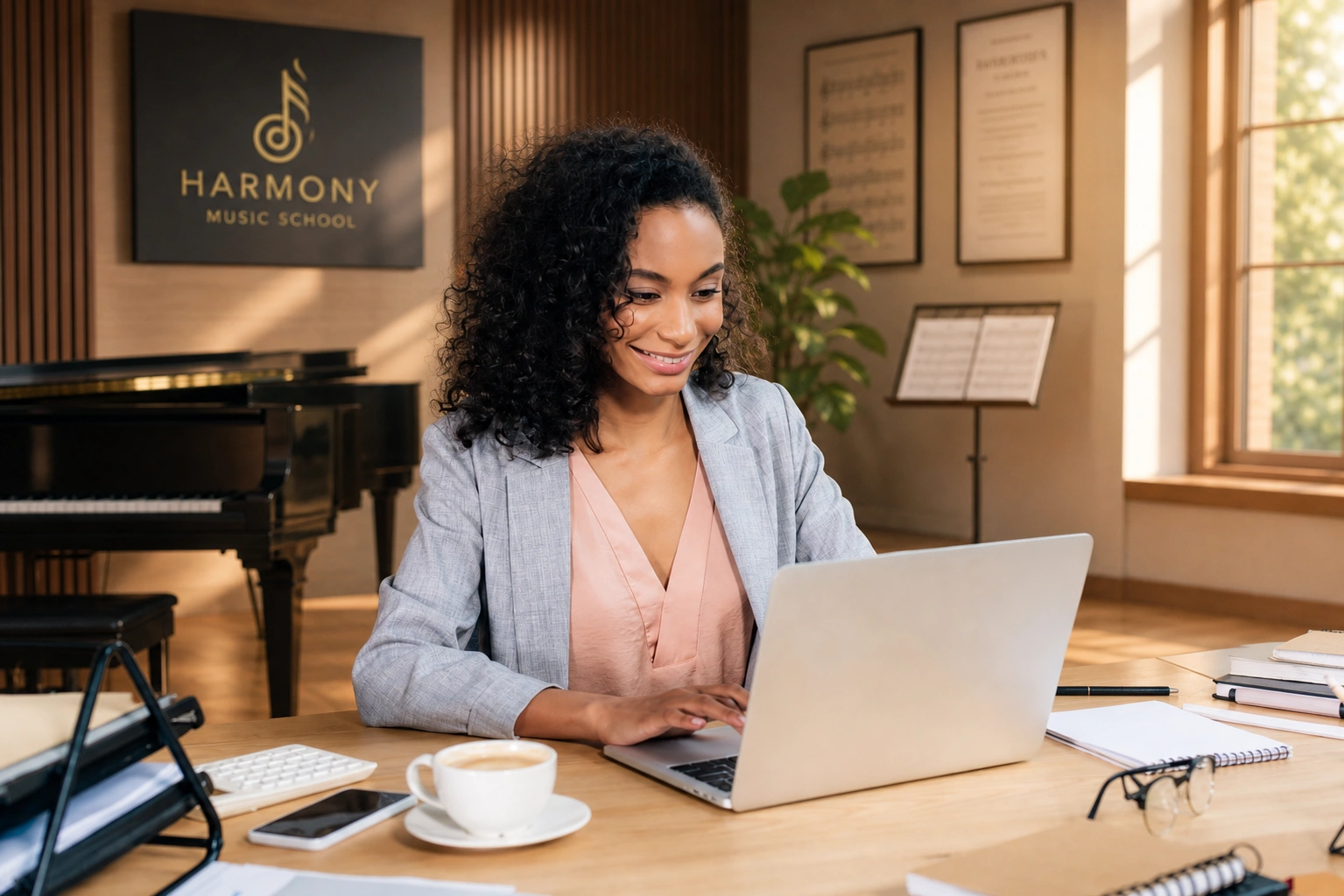 Woman using laptop to reduce admin work at Harmony Music School, comparing Opus1 and TeacherZon - Opus1: Everything You Need to Run Your School in One Place