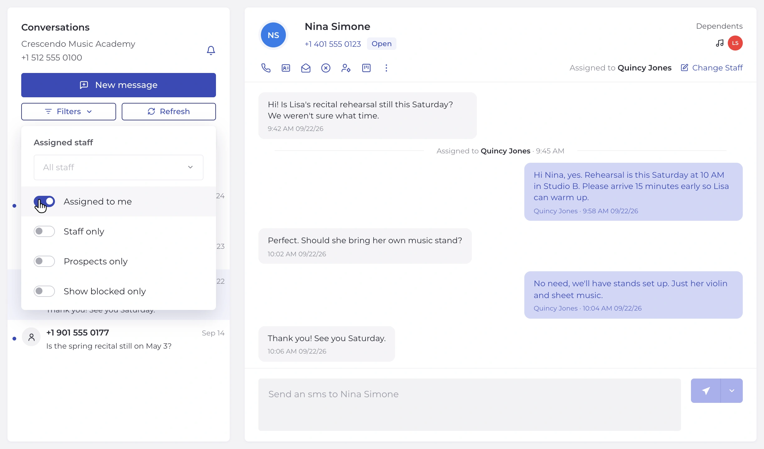 Opus1 SMS Inbox Filtering conversations assigned to a staff member in the Opus1 SMS inbox