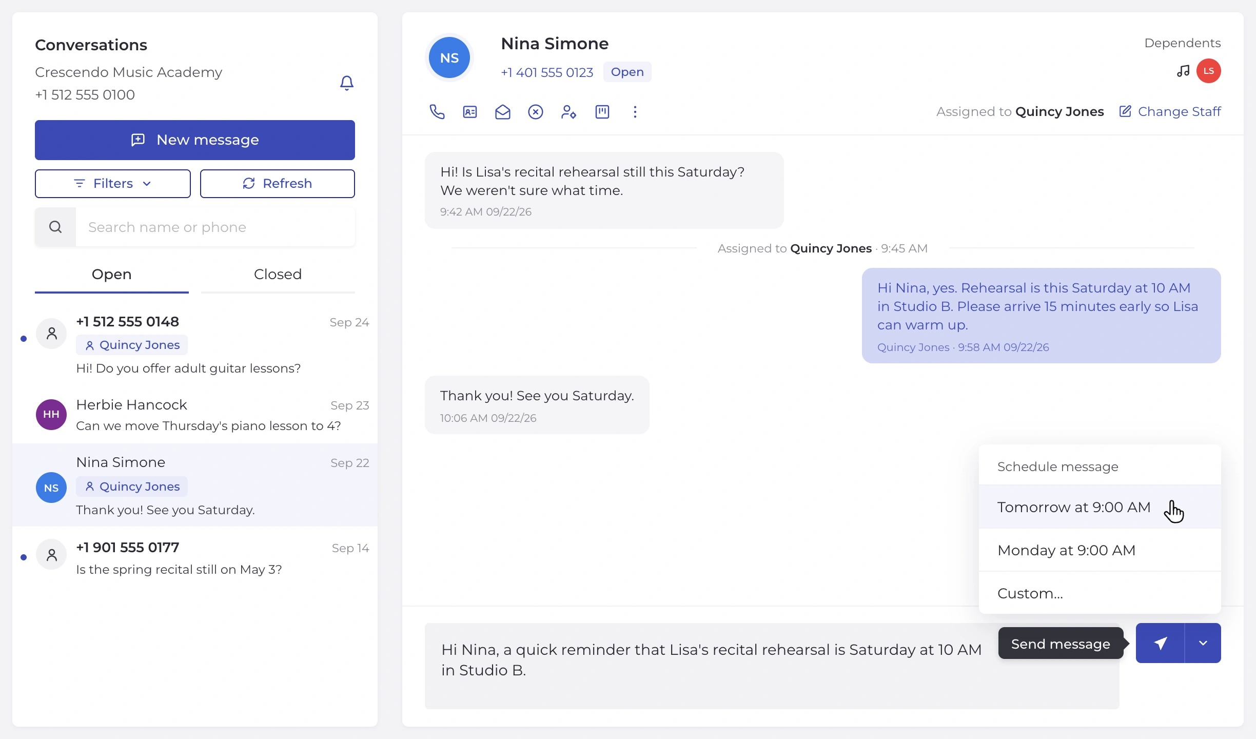 Recital Rehearsal Coordination – Opus1: Everything You Need to Run Your School in One Place Schedule text messages for a convenient time in Opus1 SMS. Messaging interface discussing recital rehearsal for Lisa this Saturday - Opus1: Everything You Need to Run Your School in One Place