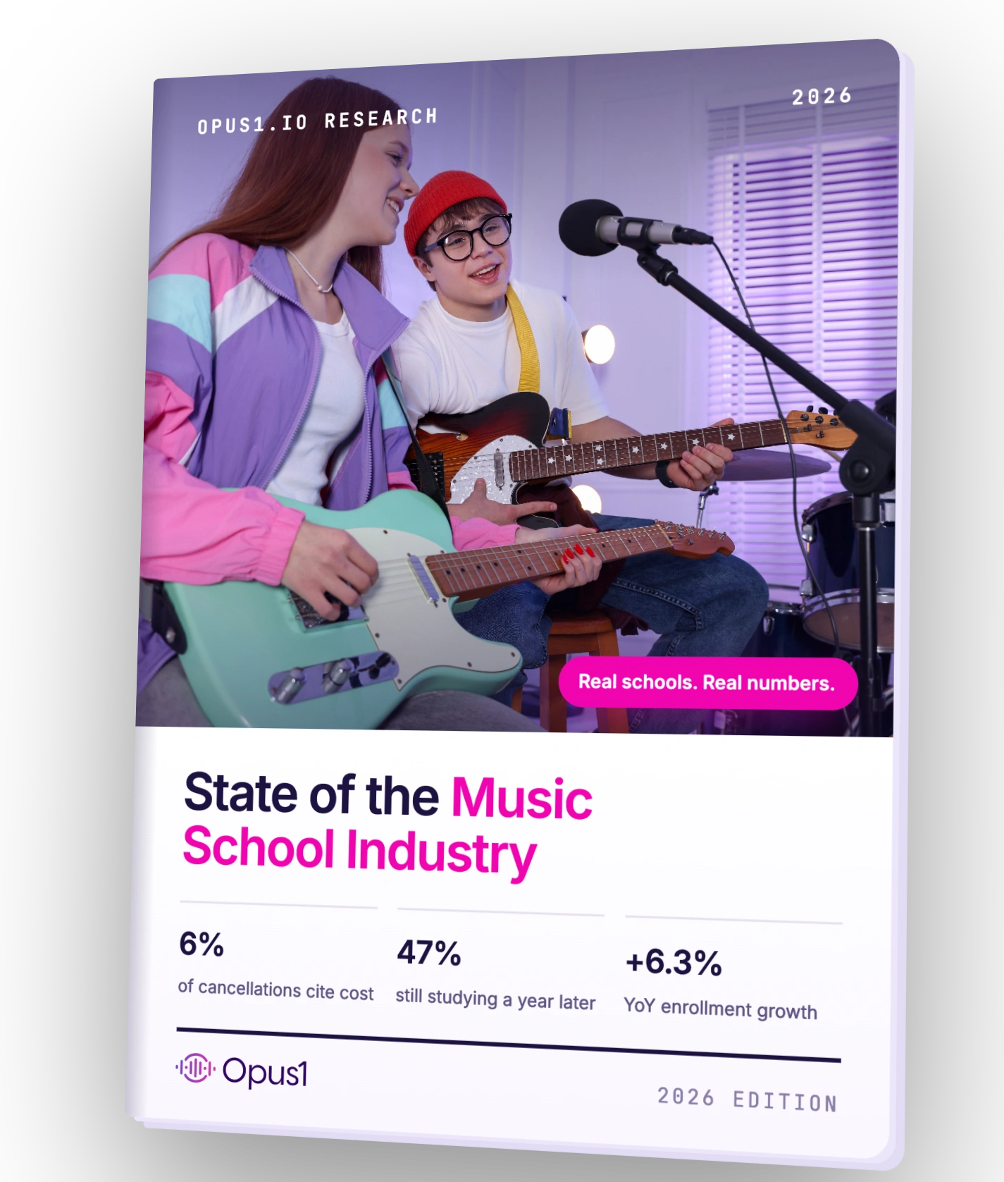 2026 Music School Industry Report Cover – Opus1: Everything You Need to Run Your School in One Place Opus1 music school industry report cover featuring young musicians with guitars - Opus1: Everything You Need to Run Your School in One Place
